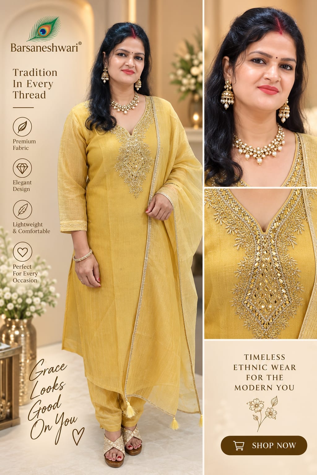 Barsaneshwari Women’s Embroidered Yellow Salsa 3-Piece Suit Set with Dupatta
