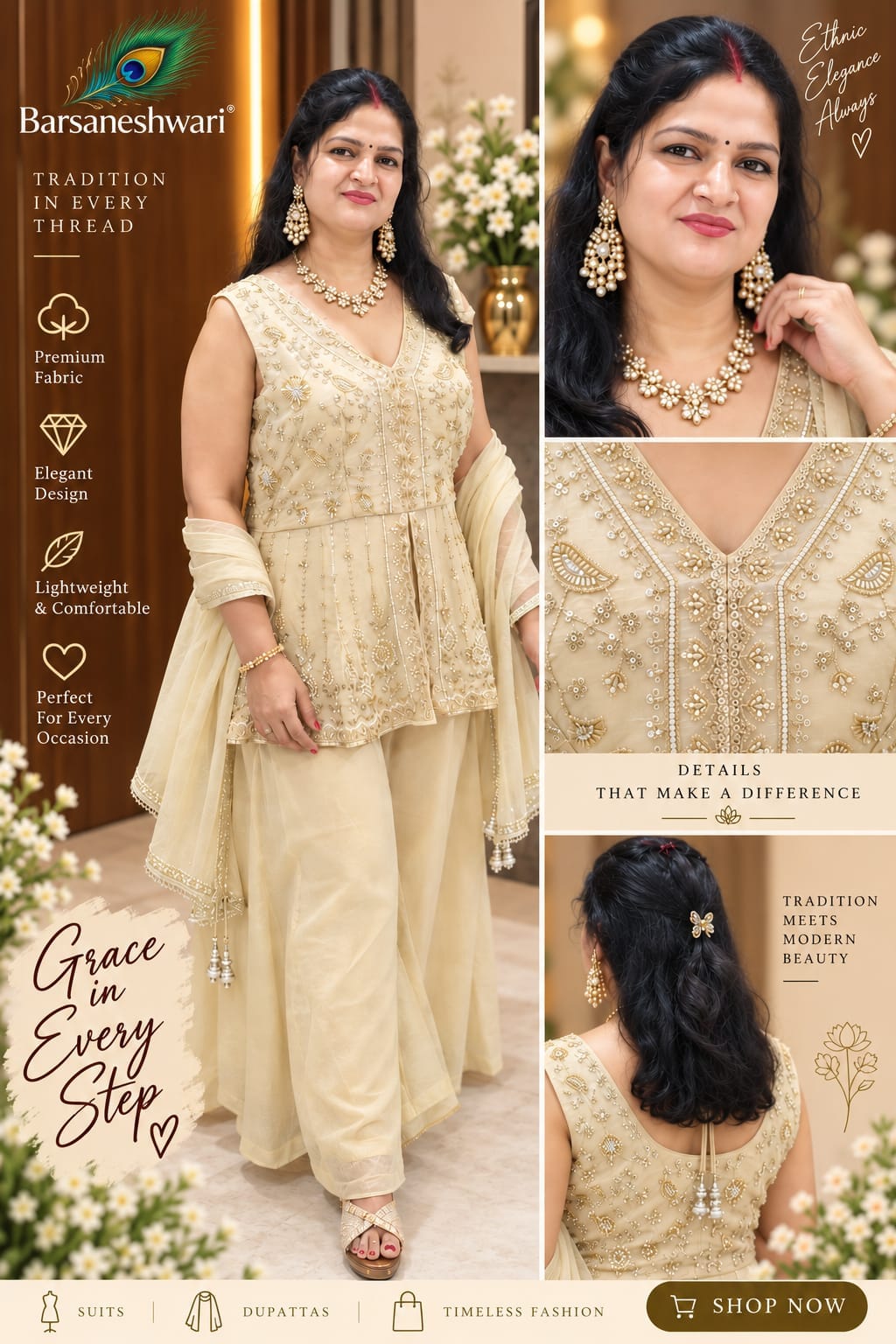 Barsaneshwari Women’s Embroidered Champagne Beige 3-Piece Sharara Suit Set with Dupatta