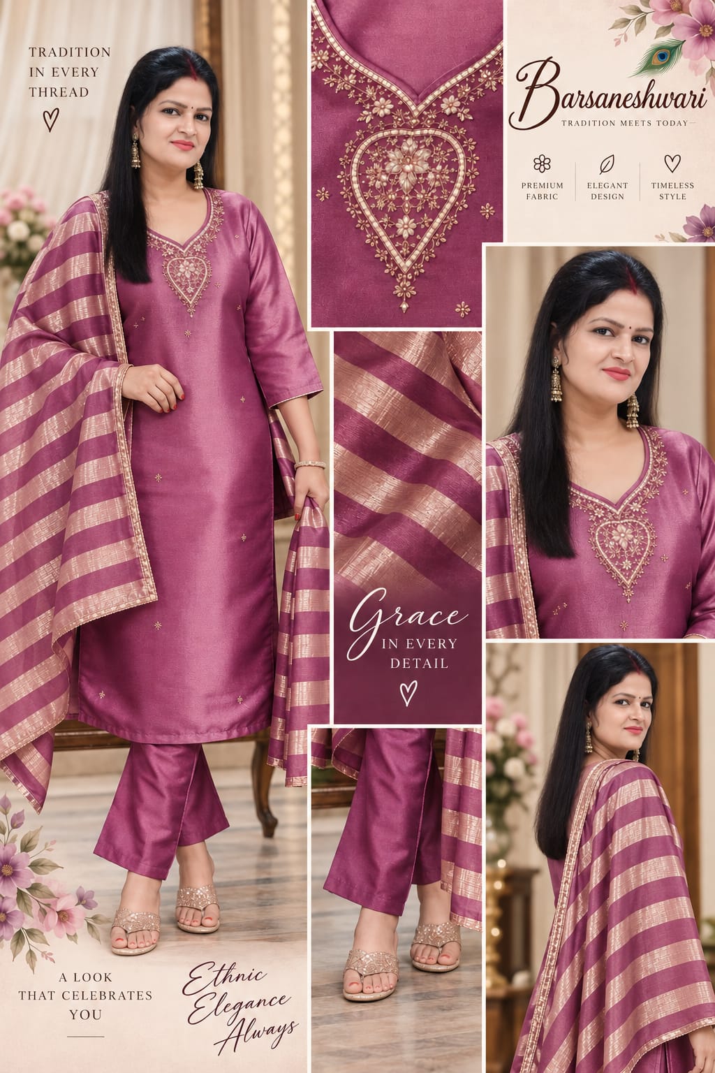 Barsaneshwari Women’s Embroidered Mauve Plum Shimmer 3-Piece Suit Set with Striped Dupatta