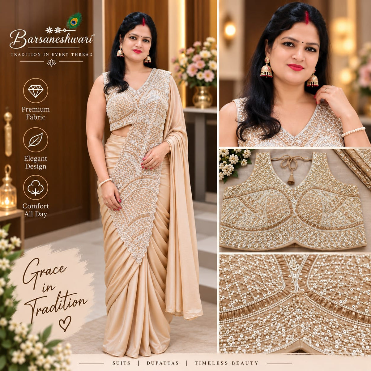 Barsaneshwari Women’s Embroidered Champagne Gold Saree with Designer Blouse