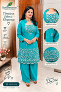 Barsaneshwari Women’s Embroidered Turquoise Blue 3-Piece Suit Set