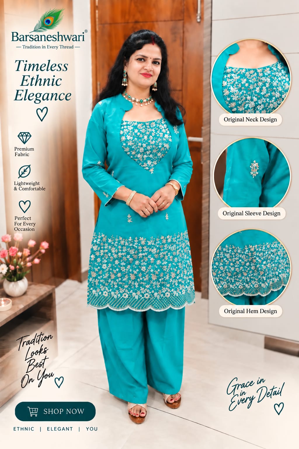 Barsaneshwari Women’s Embroidered Turquoise Blue 3-Piece Suit Set