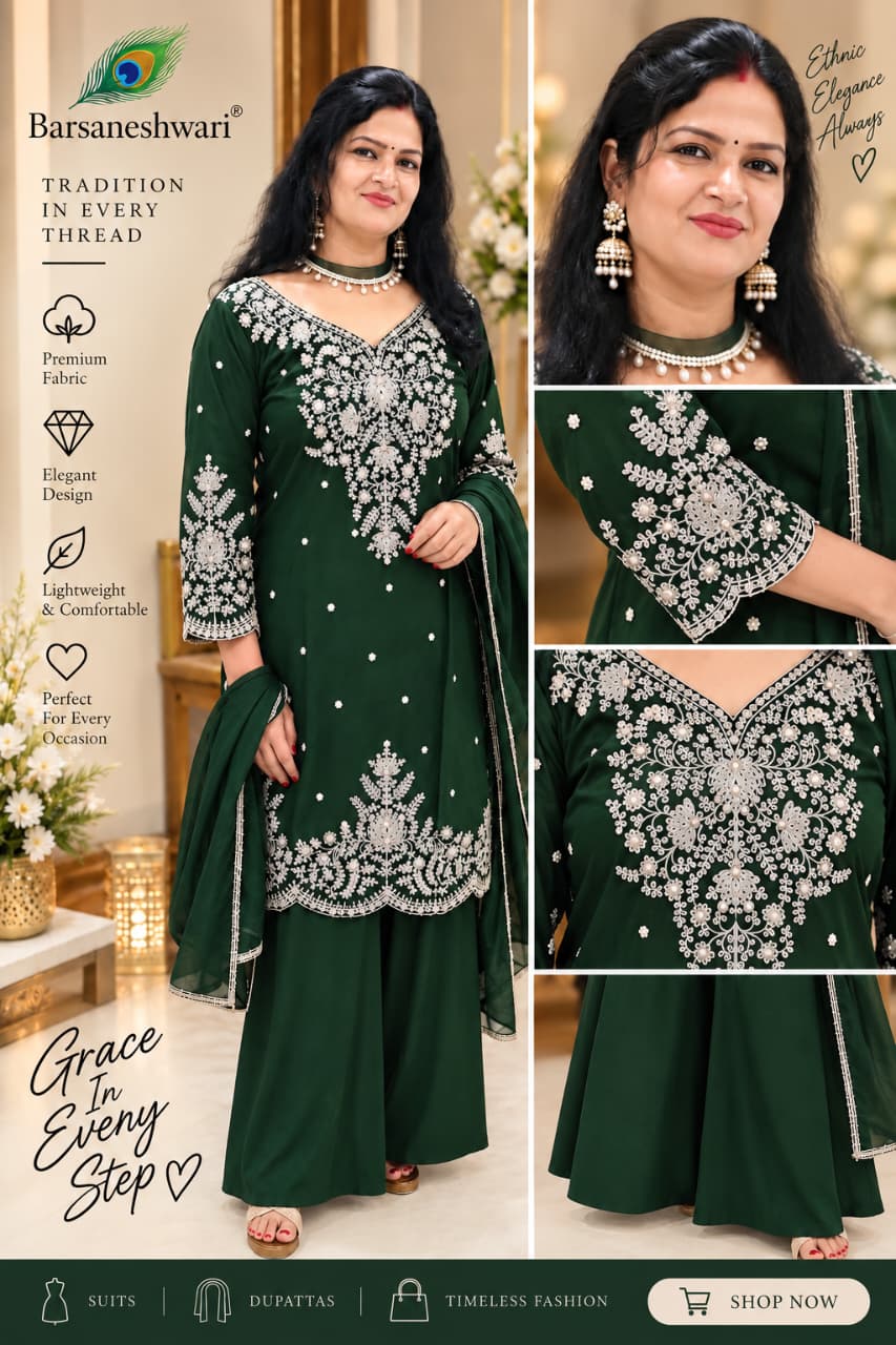 Barsaneshwari Women’s Embroidered Bottle Green 3-Piece Suit Set with Dupatta