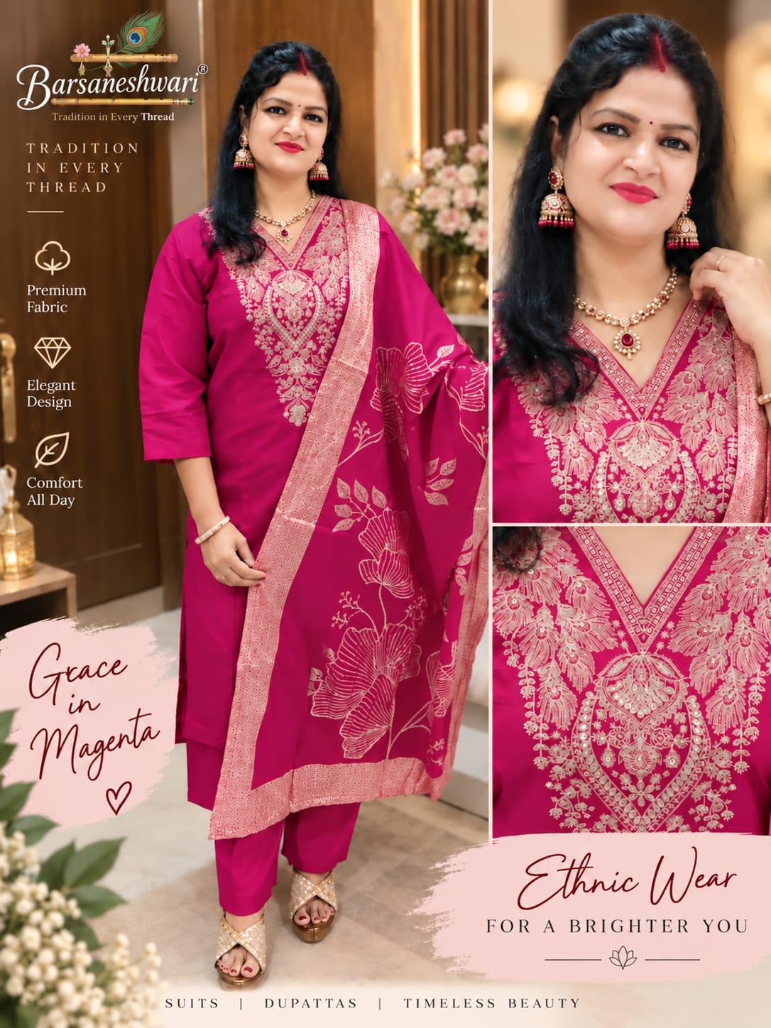 Barsaneshwari Women’s Embroidered Magenta 3-Piece Suit Set with Dupatta