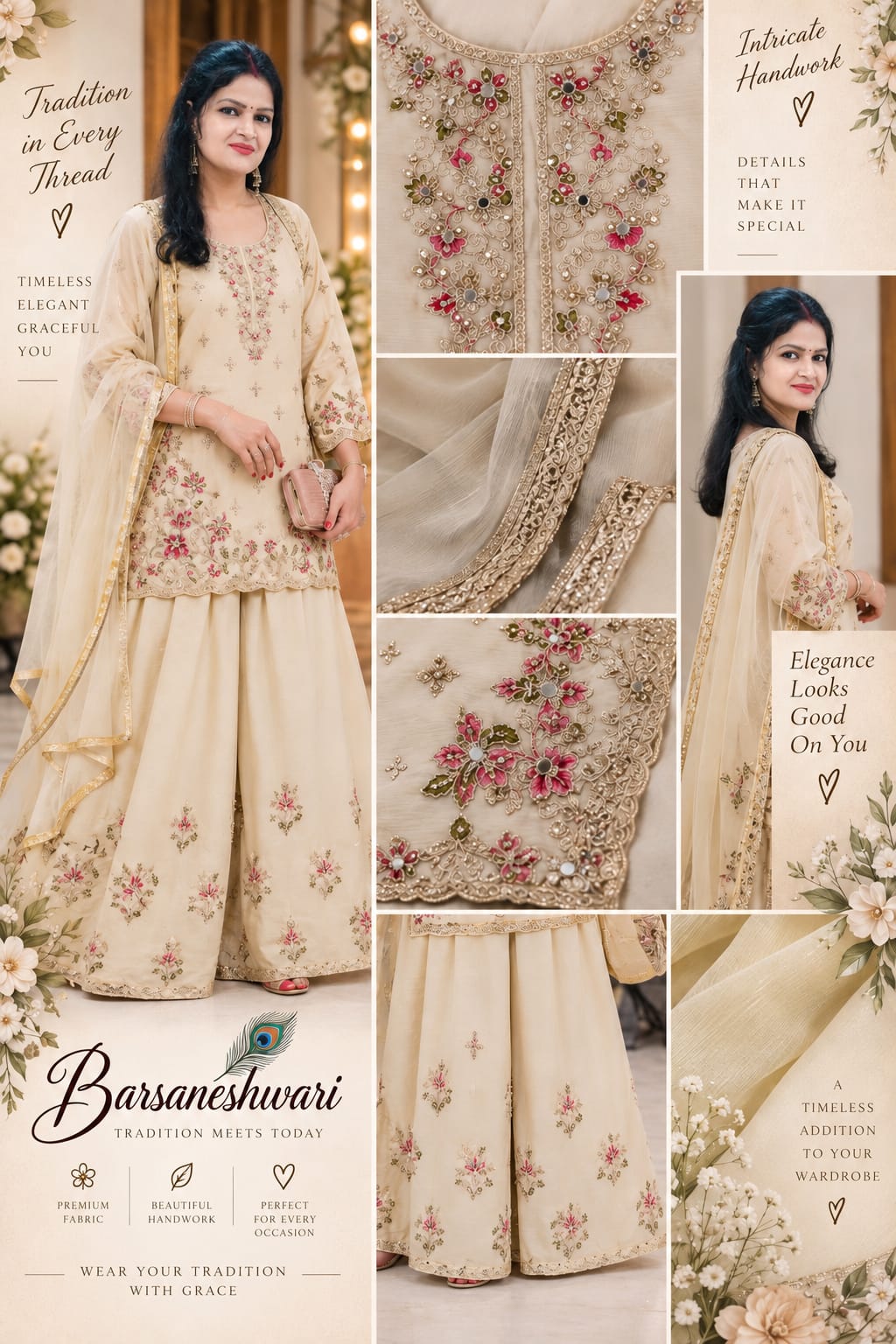 Barsaneshwari Women’s Premium Embroidered Sharara Suit Set with Dupatta – Beige